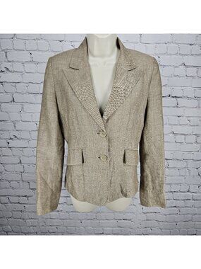 David N Brown Linen Cotton Herringbone 2 Button Peak Lined Blazer Suit Jacket 4